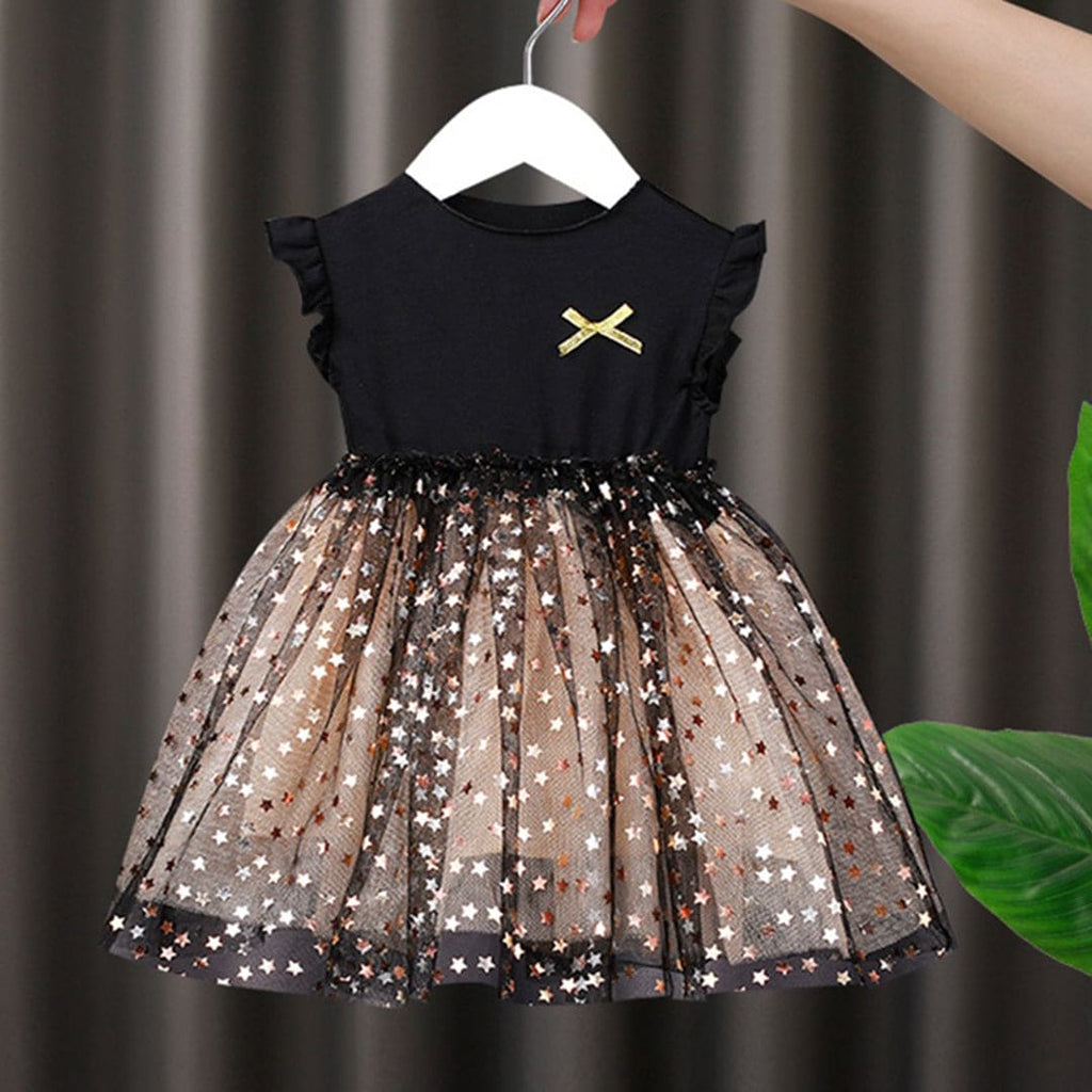 Girls Sleeveless Star Foil Print Tulle Overlay Dress