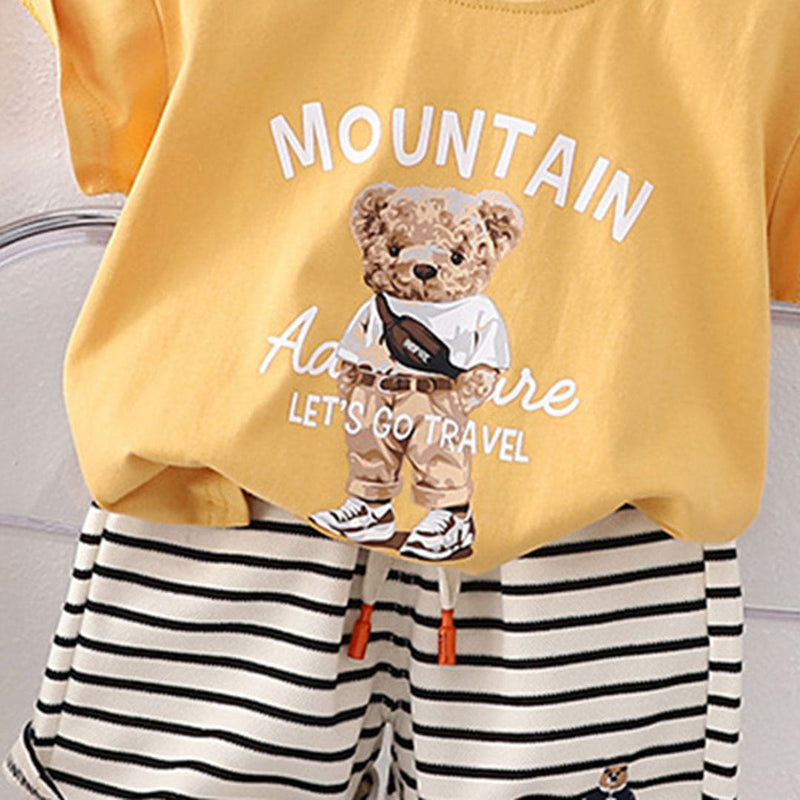 Boys Bear Printed T-Shirt & Striped Shorts Sets   