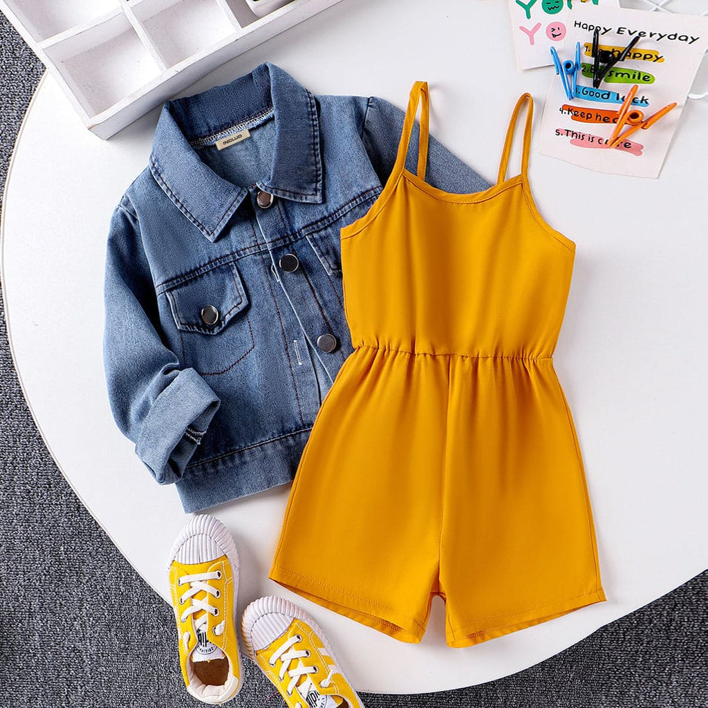 Girls Sleeveless Short Length Jumpsuits With Denim Jacket Jumpsuits Yellow 2-3 Y 