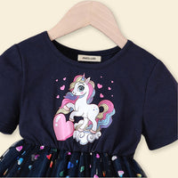 Girls Unicorn Print Tulle Overlay Casual Dress Casual Dresses   
