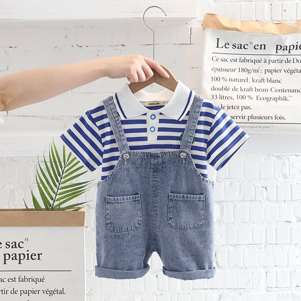 Boys Blue Striped Polo T-shirt with Denim Dungaree Set