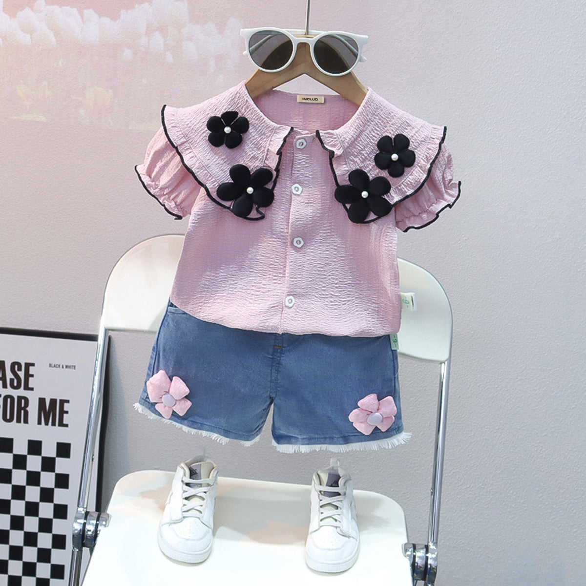 Girls Purple Flower Applique Top With Shorts Set Sets
