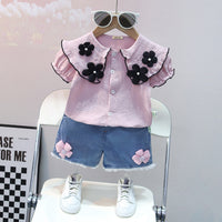 Girls Purple Flower Applique Top With Shorts Set Sets