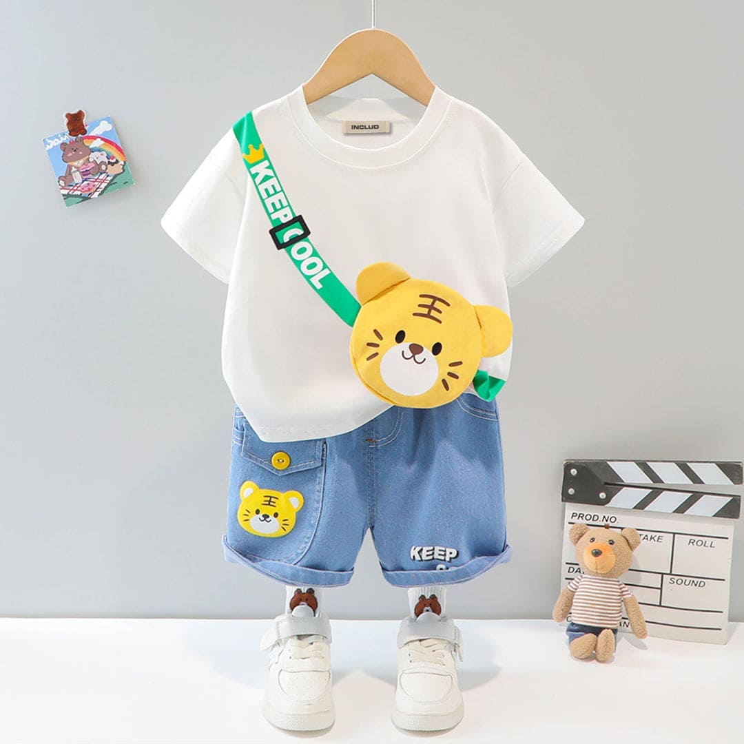 Boys Tiger 3D Patch Applique T-shirt & Denim Shorts Set Sets   