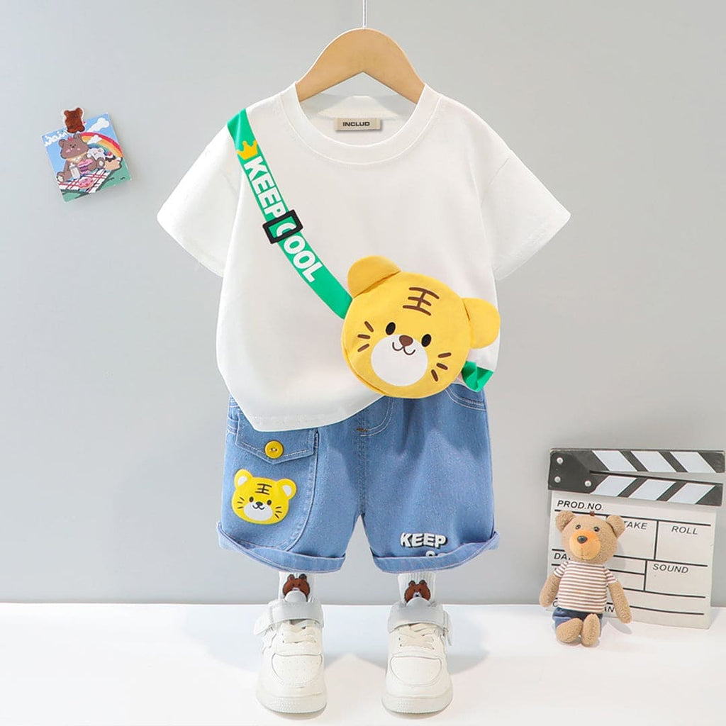 Boys Tiger 3D Patch Applique T-shirt & Denim Shorts Set