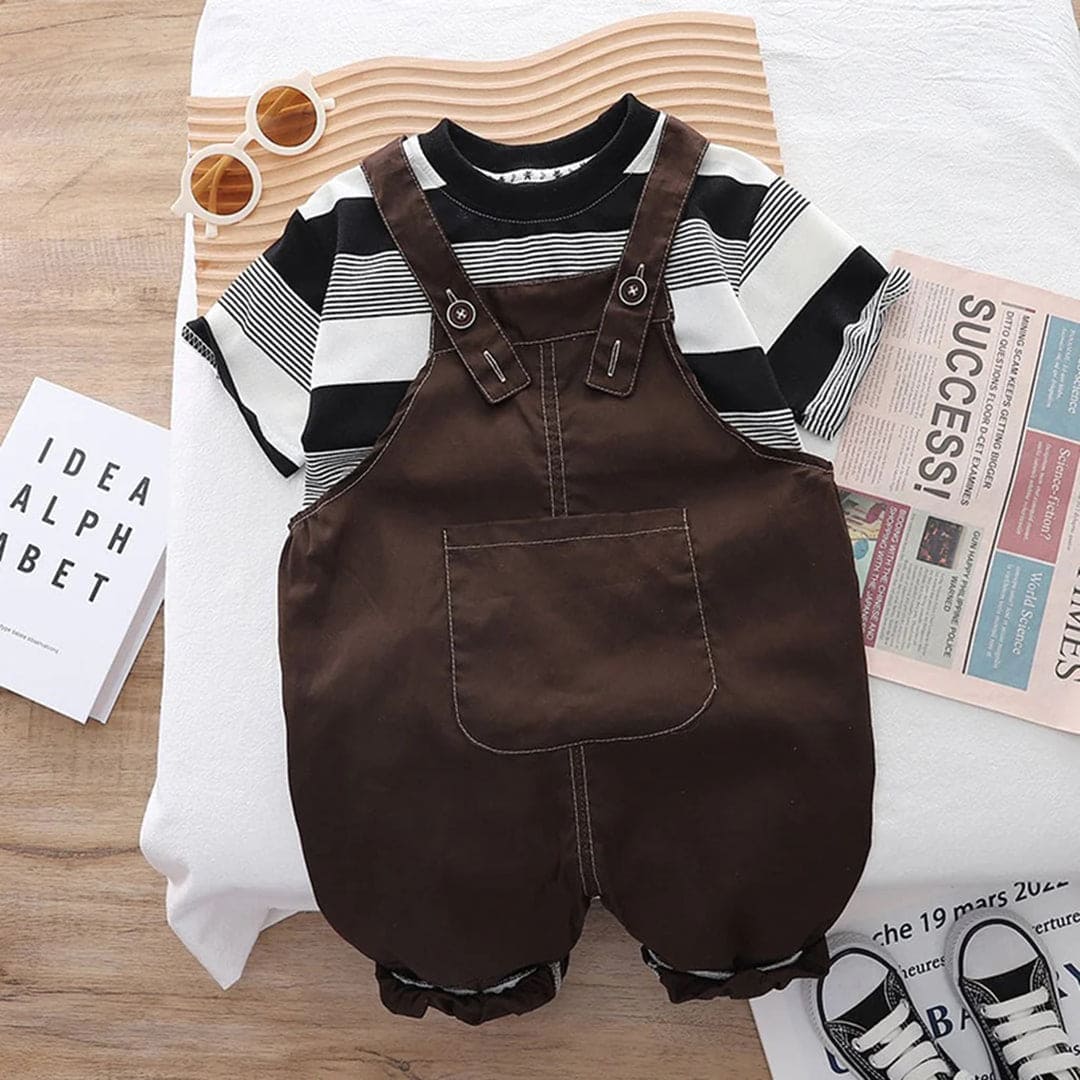 Boys Striped T-Shirt With Dungaree Sets Black 1-2 Y 