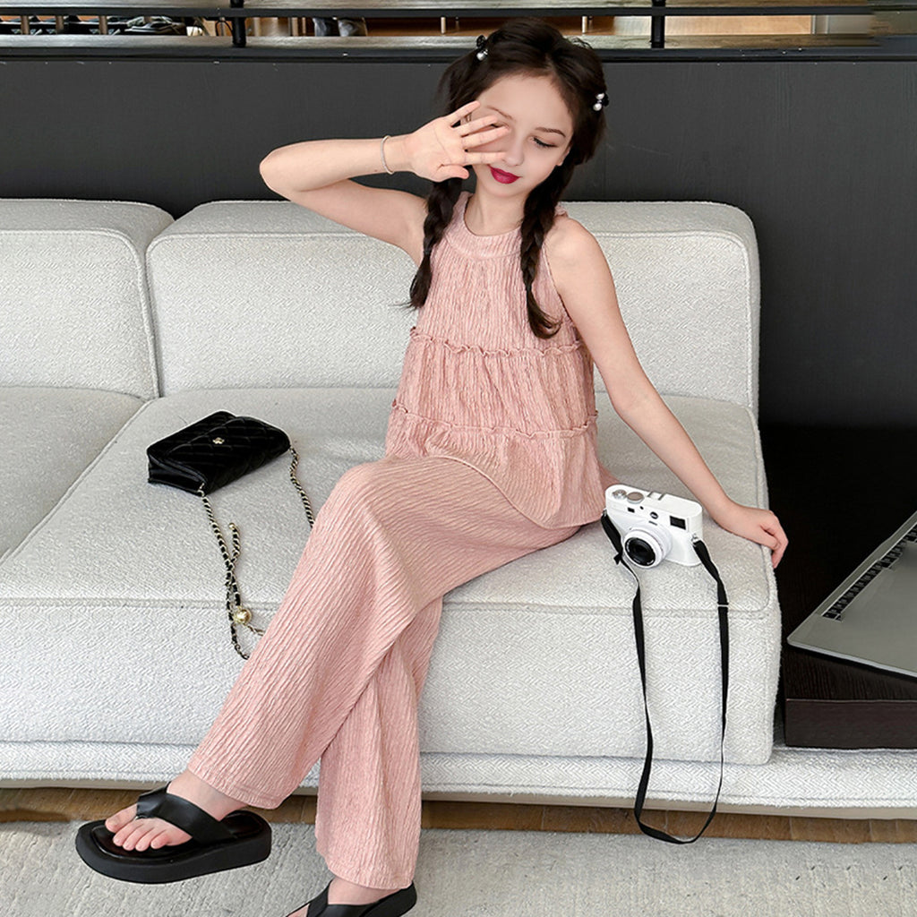 Girls Pink A-line Sleeveless Top With Wide Leg Pants Set
