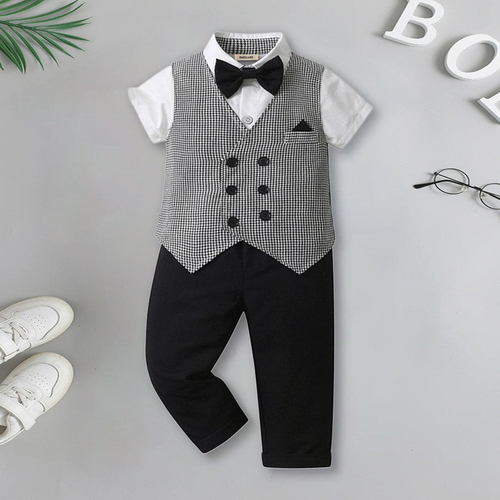 Boys Checked Waistcoat With Shirt & Trouser set 3 pc. Sets Black 1-2 Y 