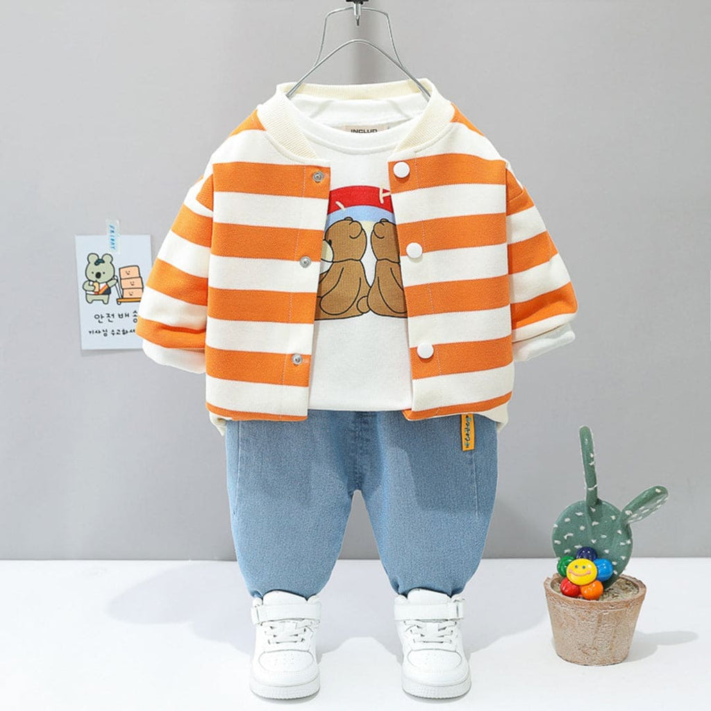 Boys Orange Printed Sweatshirt with Jacket & Denims Set