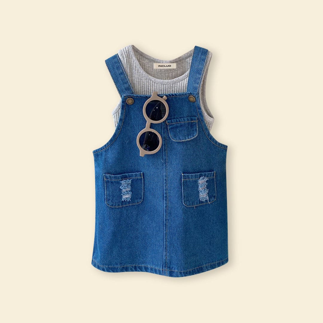 Girls Tank Top with Denim Pinafore Set Casual Dresses   