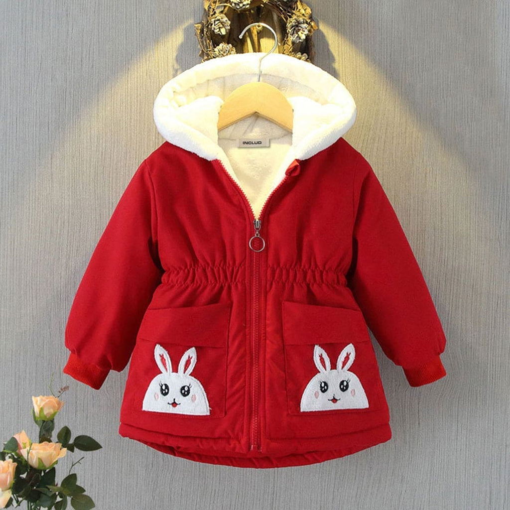 Girls Red Cartoon Patch Fleece Hooded Jacket