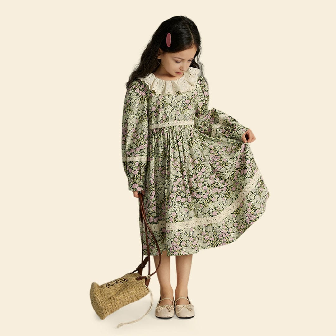 Girls Long Sleeve Floral Print Lace Collar Dress Casual Dresses   