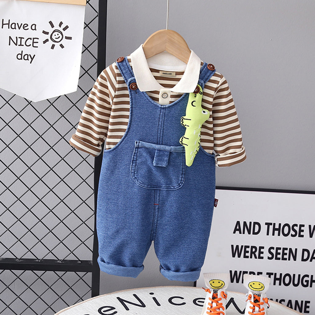 Boys Striped Polo T-shirt with Dungaree Set