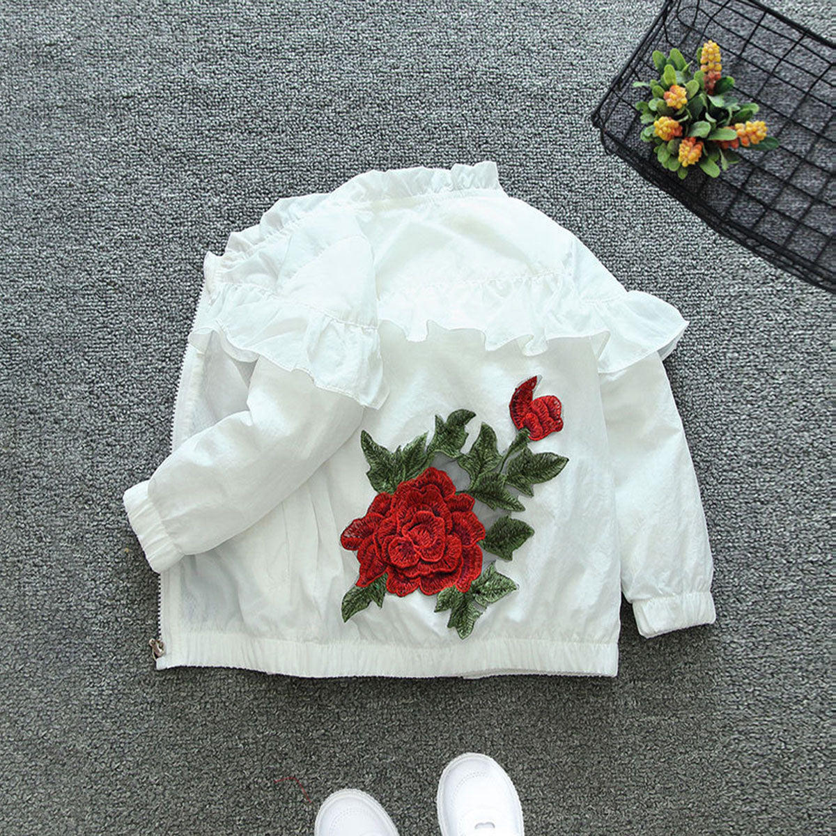 Girls White Flower Embroidered Ruffled Front Open Fashion Jacket Coats & Jackets