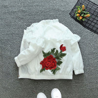 Girls White Flower Embroidered Ruffled Front Open Fashion Jacket Coats & Jackets