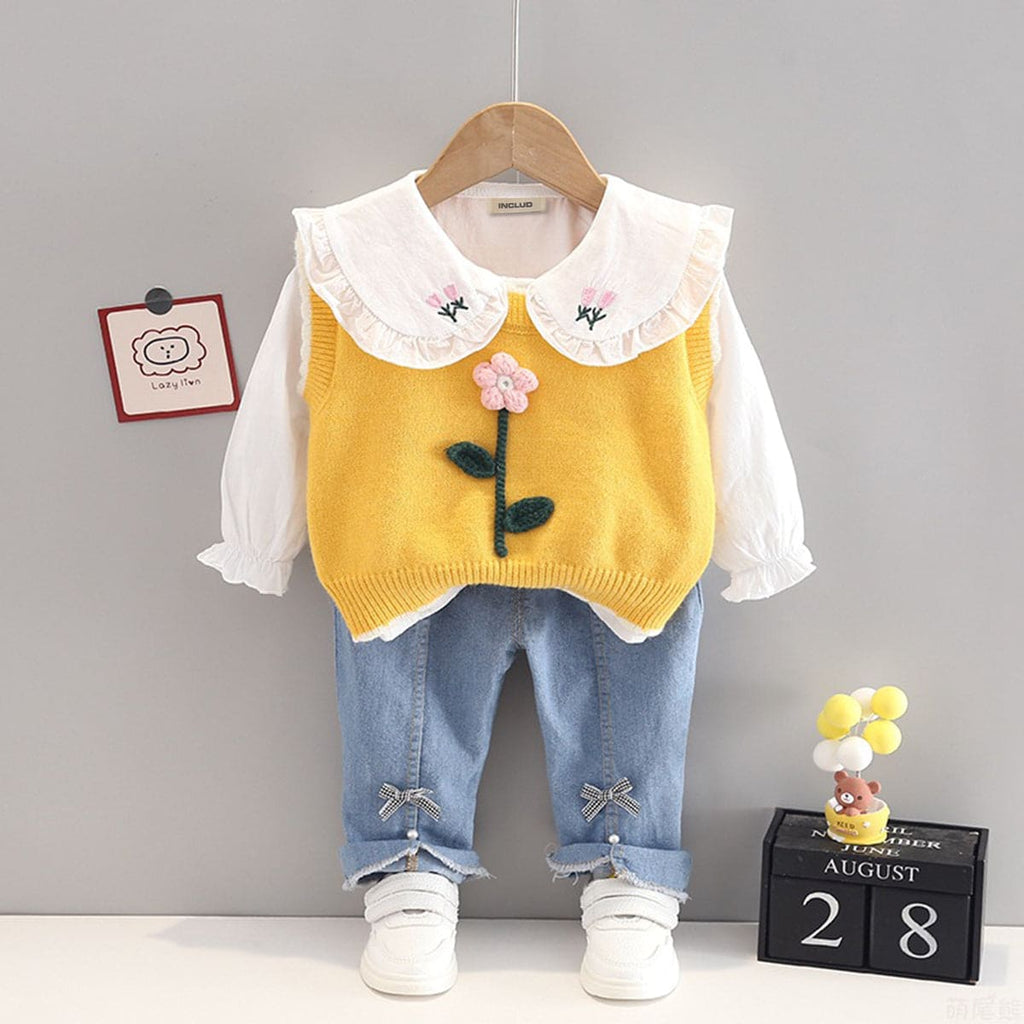 Girls Top with Sweater & Denims Set Sets Yellow 1-2 Y