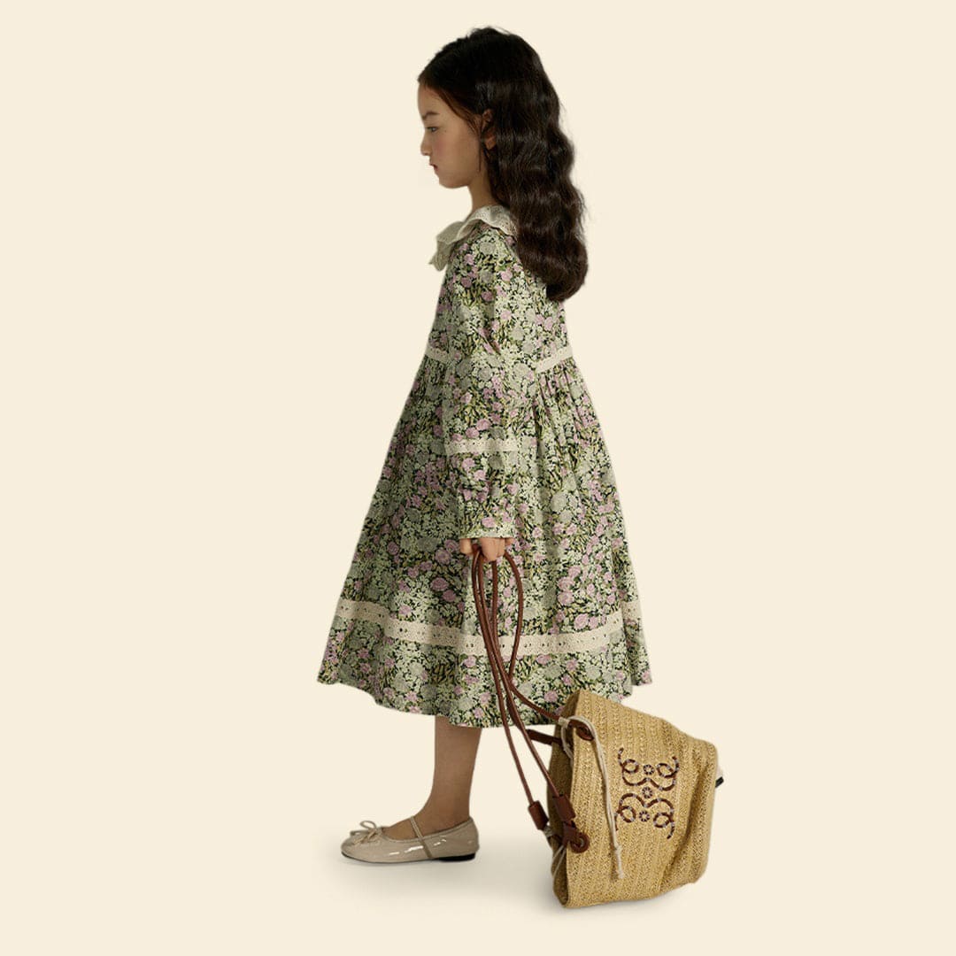 Girls Long Sleeve Floral Print Lace Collar Dress Casual Dresses   