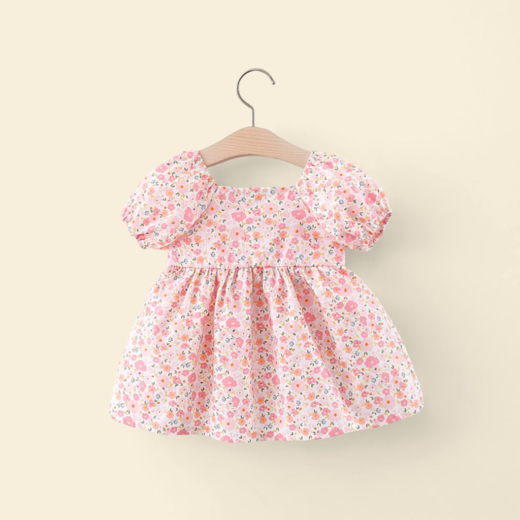 Girls Pink Floral Print Bow Applique Fit & Flare Dress Casual Dresses Pink 1-2 Y