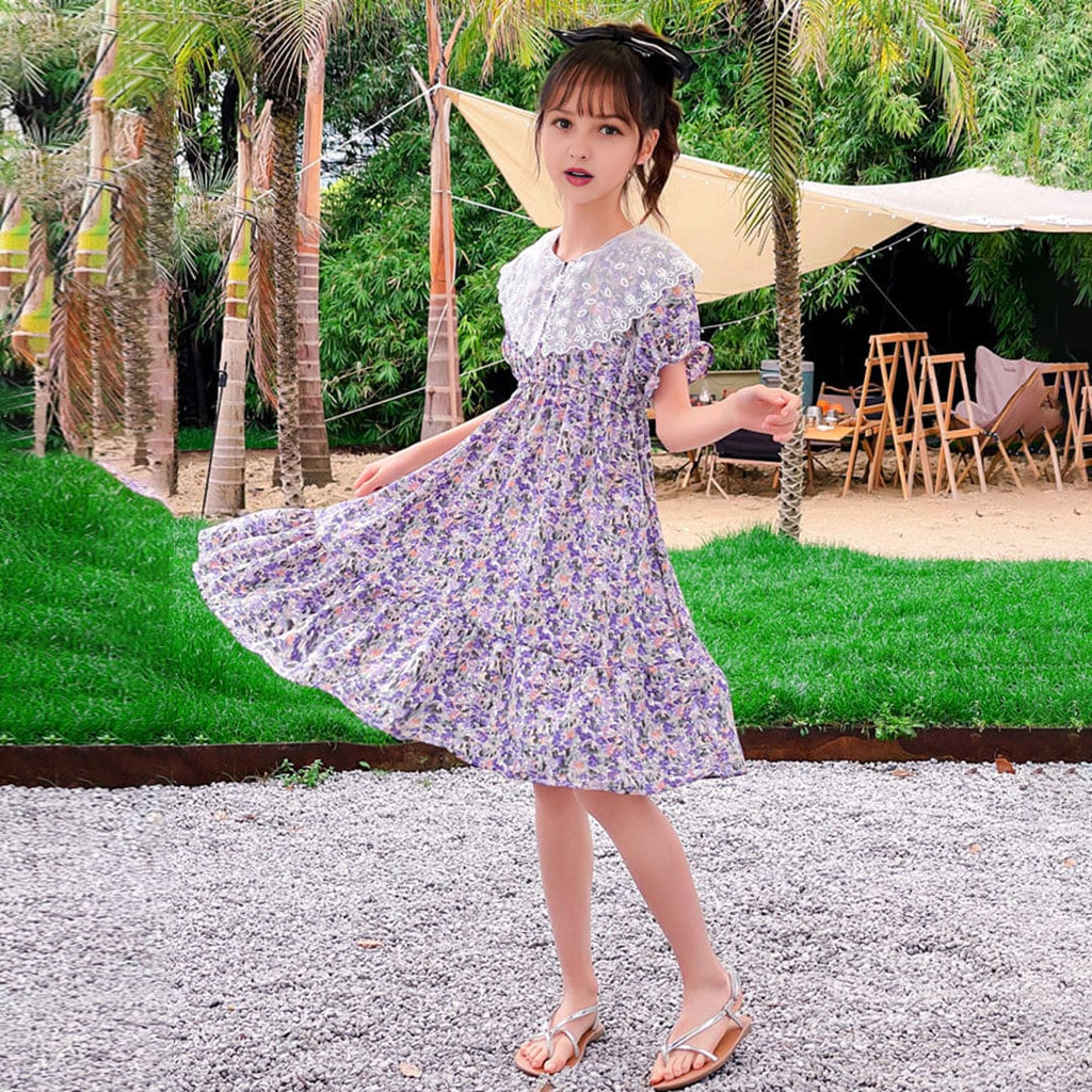 Girls Purple Floral Print Puff Sleeves Fit & Flare Dress Casual Dresses Purple 4-5 Y 