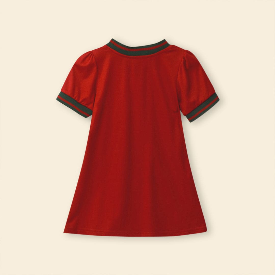 Girls Red Short Sleeve Rib Neck Dress With Bow Applique Casual Dresses   