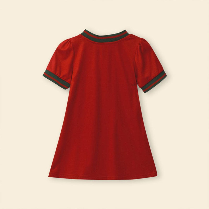 Girls Red Short Sleeve Rib Neck Dress With Bow Applique Casual Dresses   