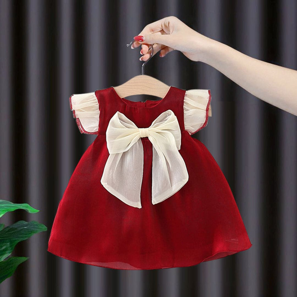 Girls Maroon Statement Bow Tulle Party Dress Party Dresses   