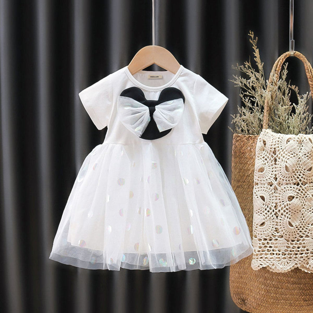 Girls Foil Print Dress with Bow Applique Casual Dresses White 1-2 Y