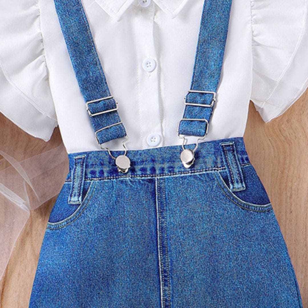 Girls Flared Sleeve Shirt With Suspender Denim Skirt Set 2 pc. Sets   