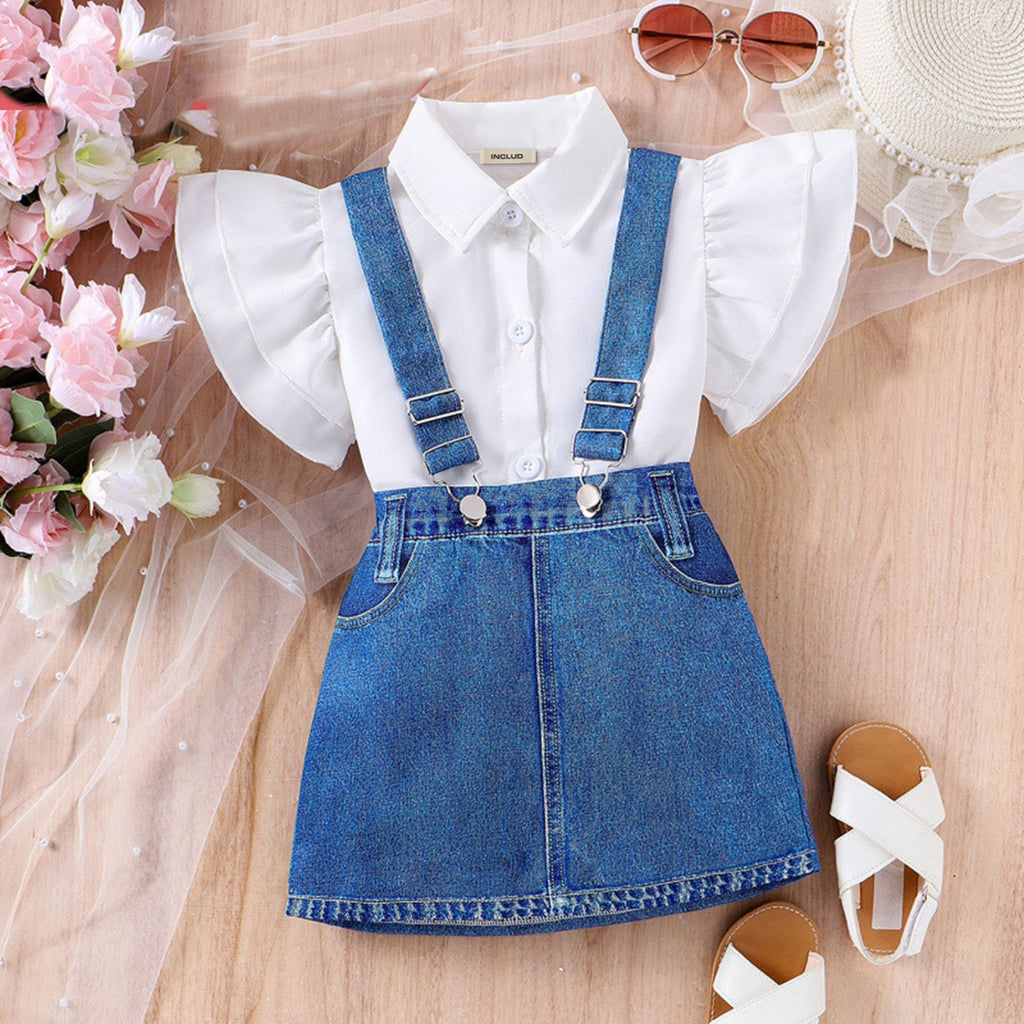 Girls Flared Sleeve Shirt With Suspender Denim Skirt Set