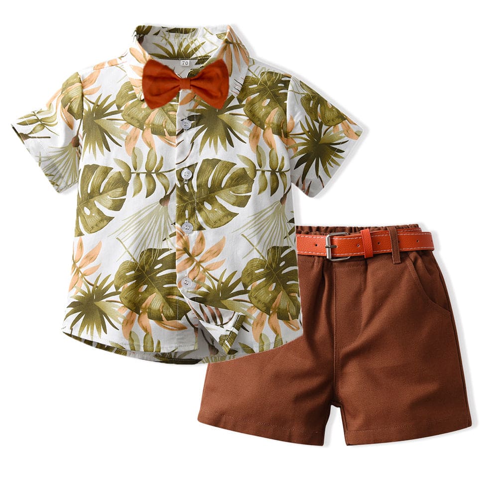Boys Printed Shirt Solid Shorts With Bow Casual Clothing Sets