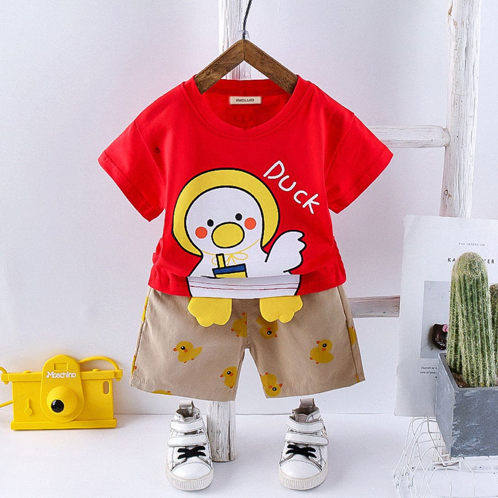 Boys Duck Print T-Shirt & Printed Shorts Sets Red 1-2 Y 