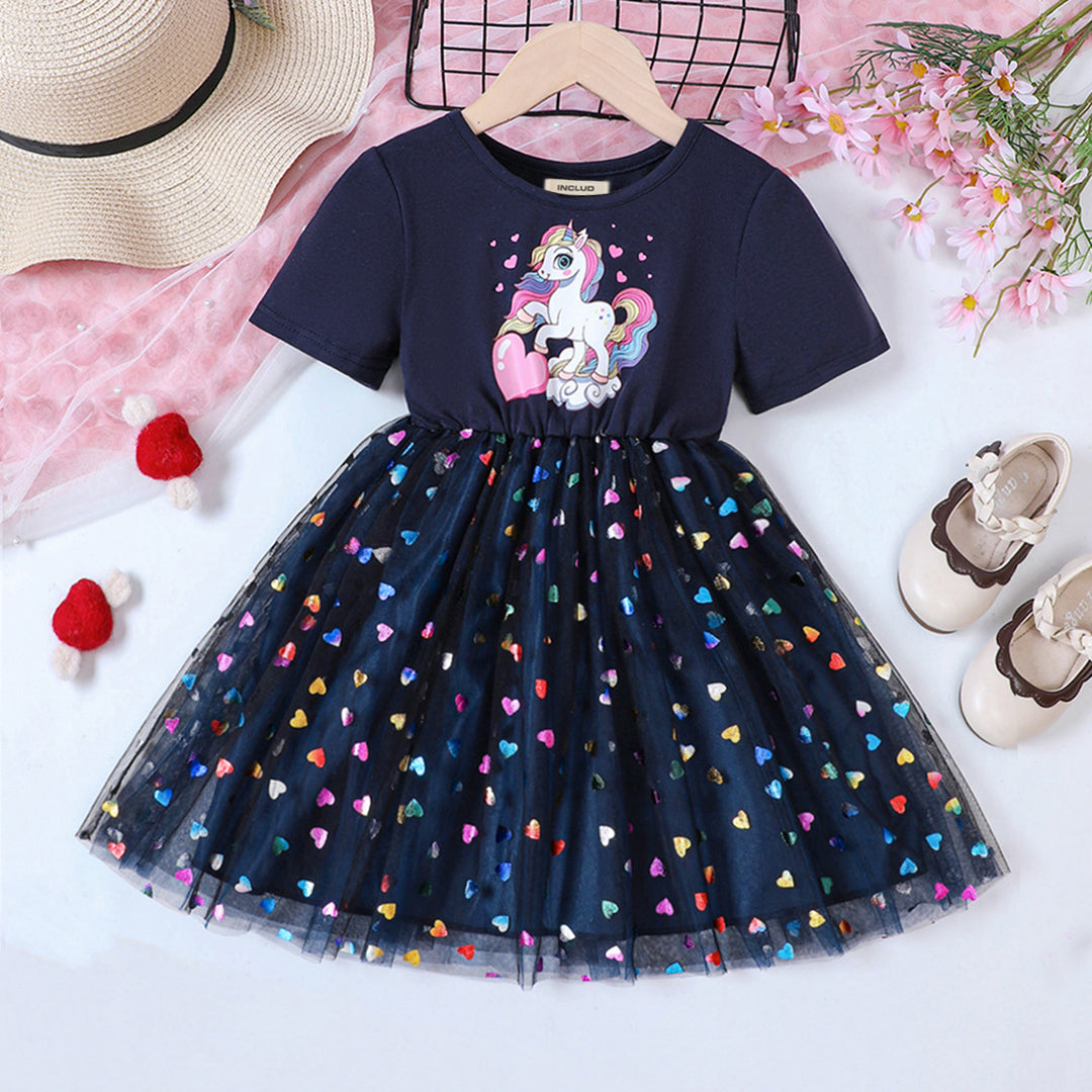 Girls Unicorn Print Tulle Overlay Casual Dress Casual Dresses Blue 1-2 Y 