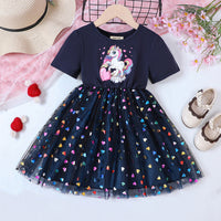 Girls Unicorn Print Tulle Overlay Casual Dress Casual Dresses Blue 1-2 Y 