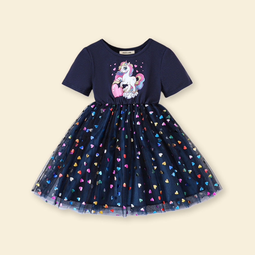 Girls Unicorn Print Tulle Overlay Casual Dress Casual Dresses   