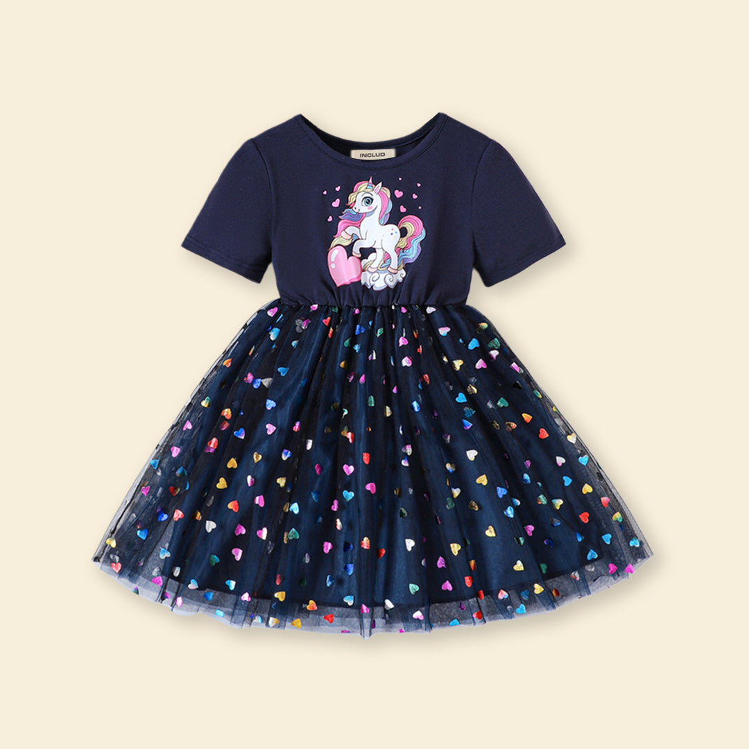 Girls Unicorn Print Tulle Overlay Casual Dress Casual Dresses   