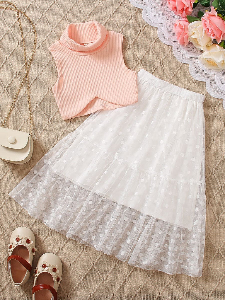 Girls Pink Turtle Neck Crop Top with Tulle Skirt Set Sets Pink 1-2 Y 