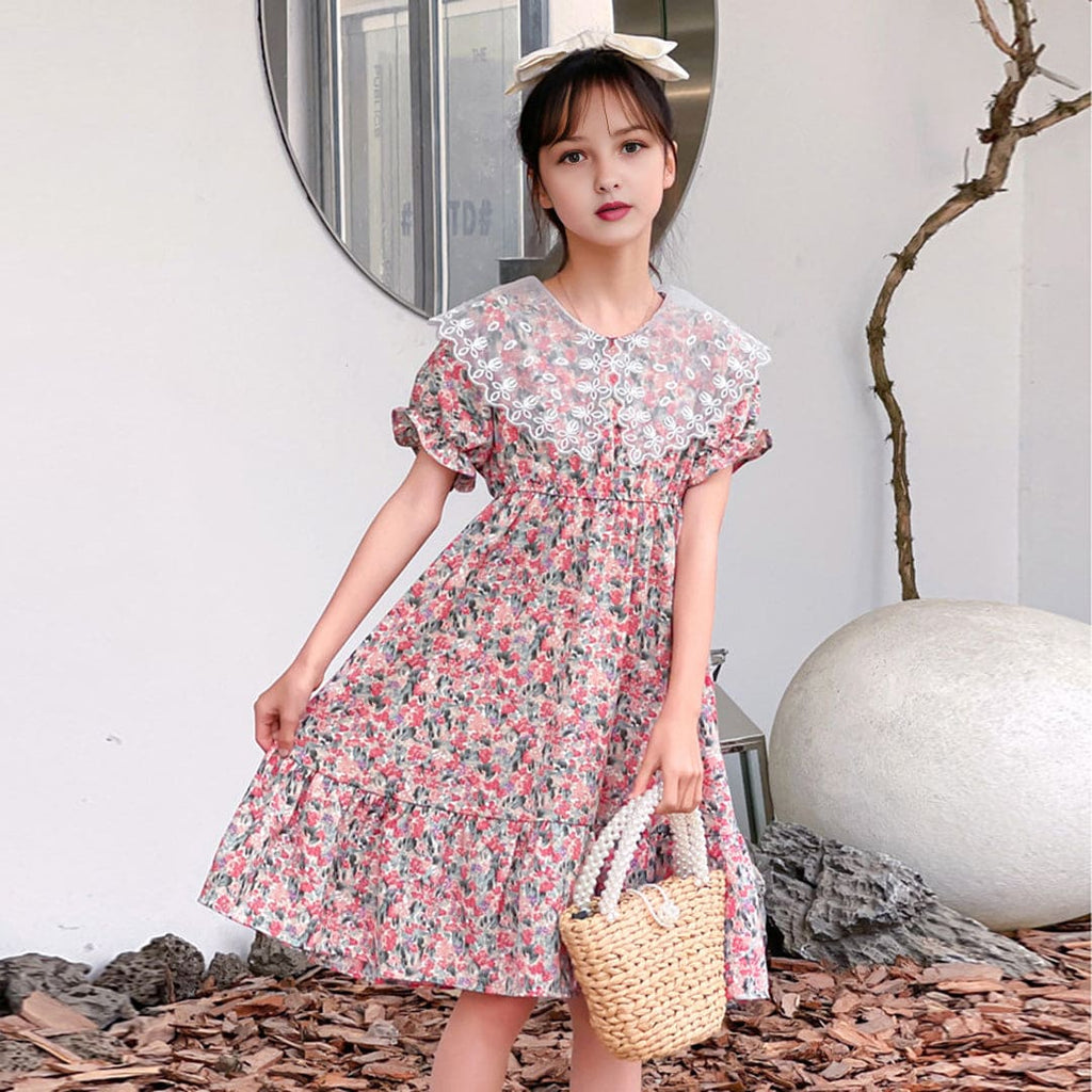 Girls Pink Floral Print Puff Sleeves Fit & Flare Dress Casual Dresses Pink 4-5 Y 