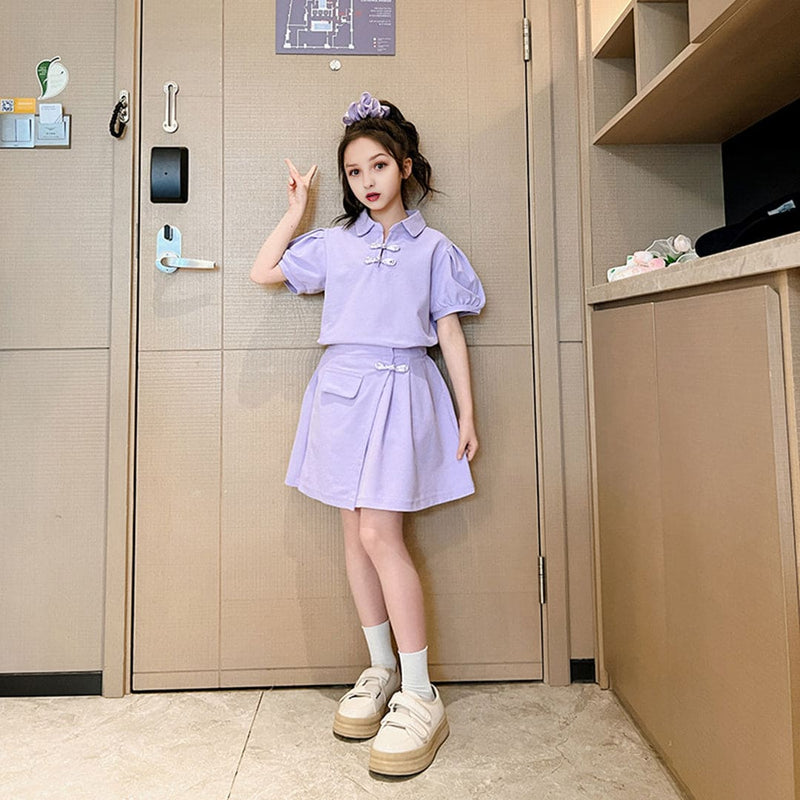 Girls Puff Sleeves Top With Overlap Skirt Set Sets   