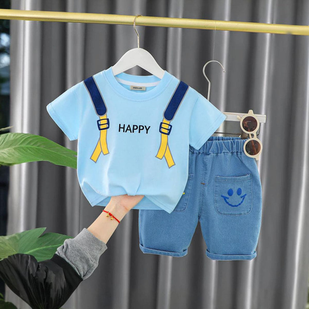 Boys Printed T-shirt with Denim Shorts Set Sets Blue 1-2 Y 