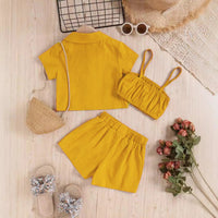 Girls Yellow Camisole Top With Crop Shirt & Shorts Set Sets