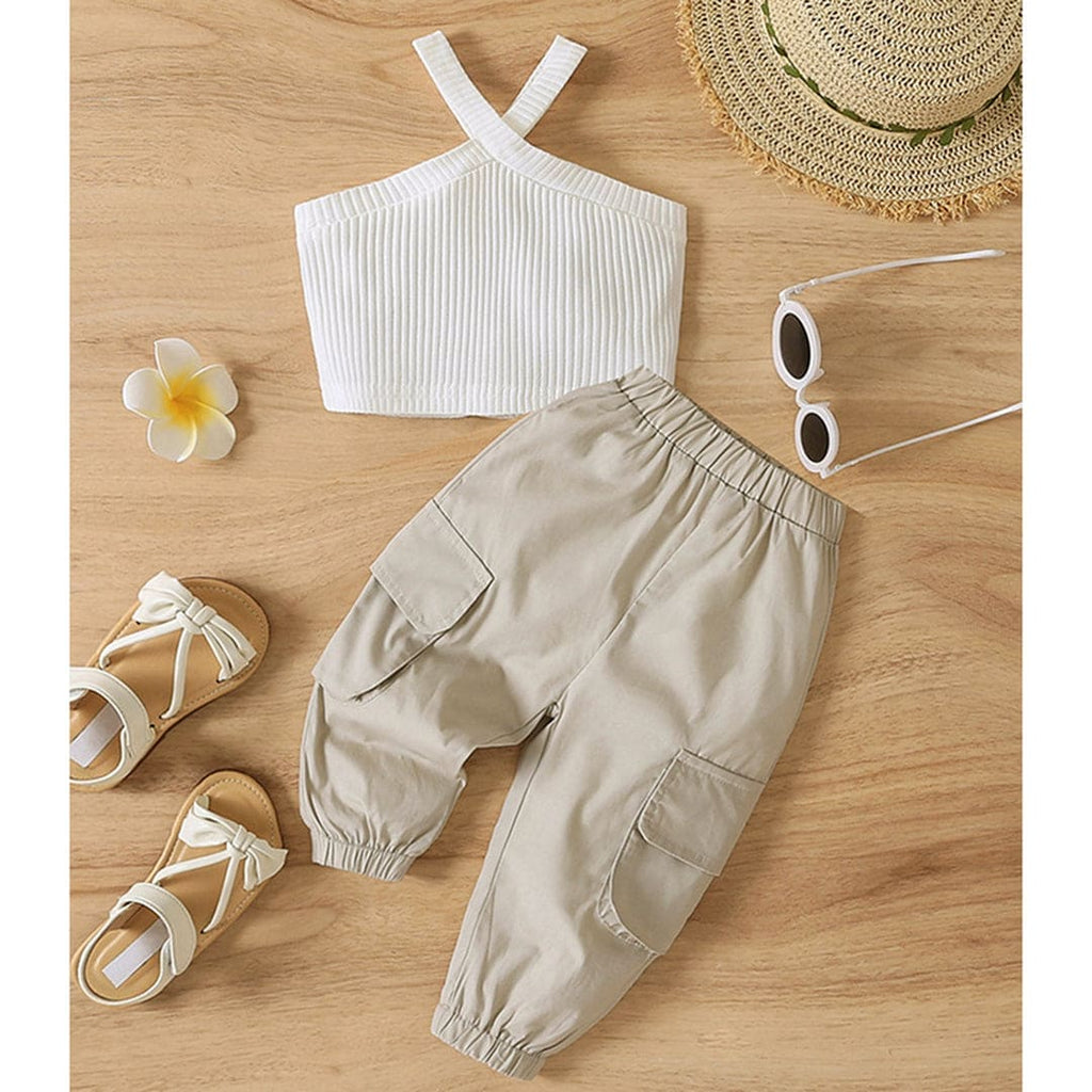 Girls Khaki Halter Neck Crop Top with Joggers Set Sets Khaki 1-2 Y 