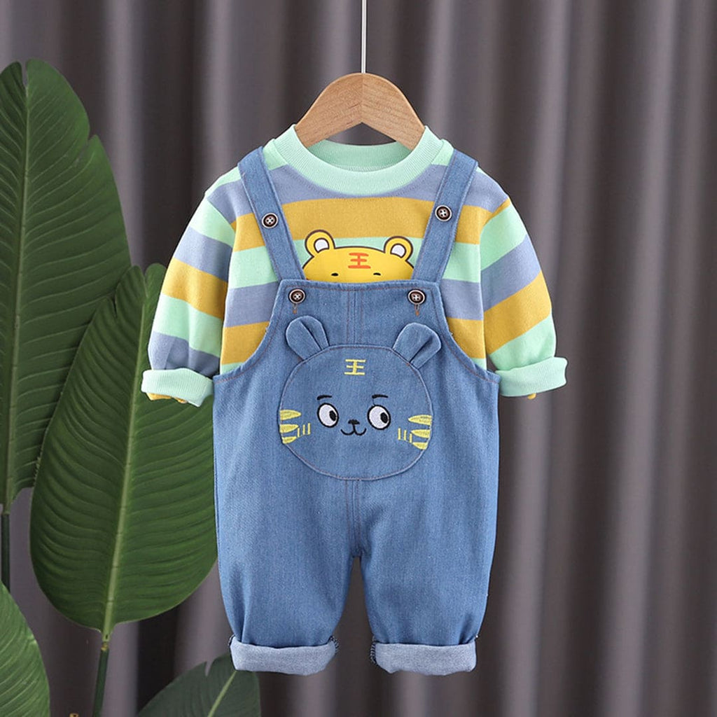 Boys Green Striped Lion Graphic Sweatshirt With Denim Dungaree Set Sets Green 1-2 Y 