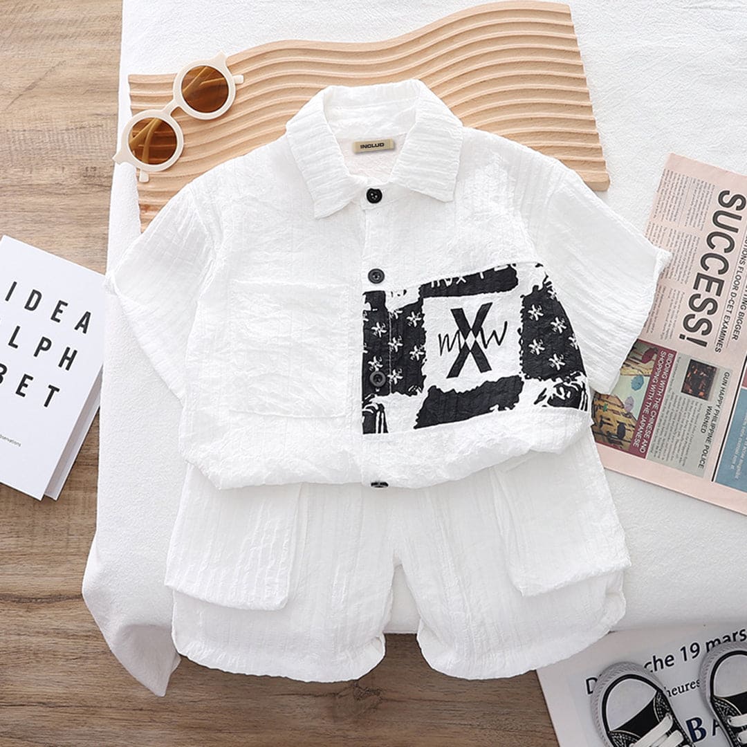 Boys White Printed Shirt with Shorts Set Sets   