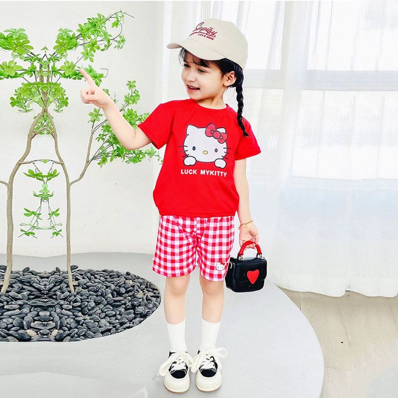 Girls Cartoon Graphic Top With Checked Shorts sets   