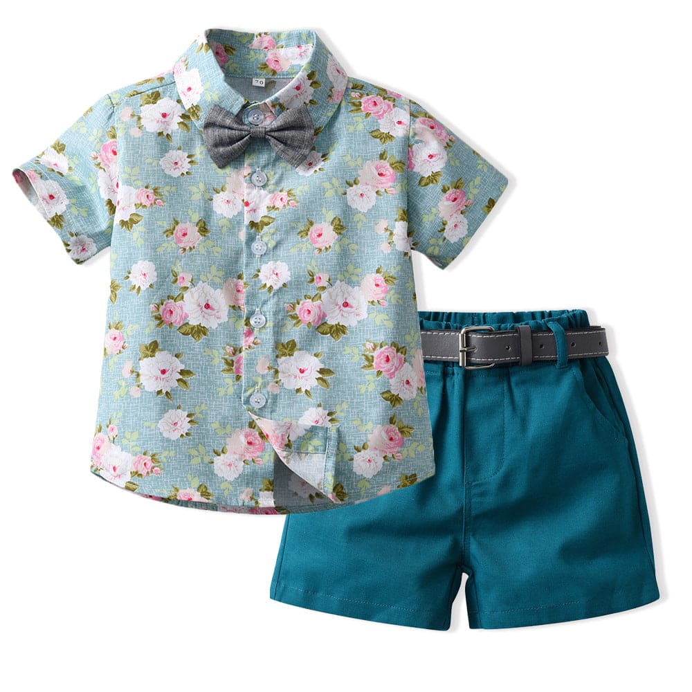 Boys Printed Shirt Solid Shorts With Bow Casual Clothing Sets