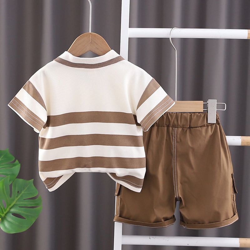 Boys Striped Polo T-shirt with Shorts Set Sets   