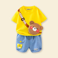 Boys Yellow 3D Patch Applique T-shirt & Denim Shorts Set Sets   