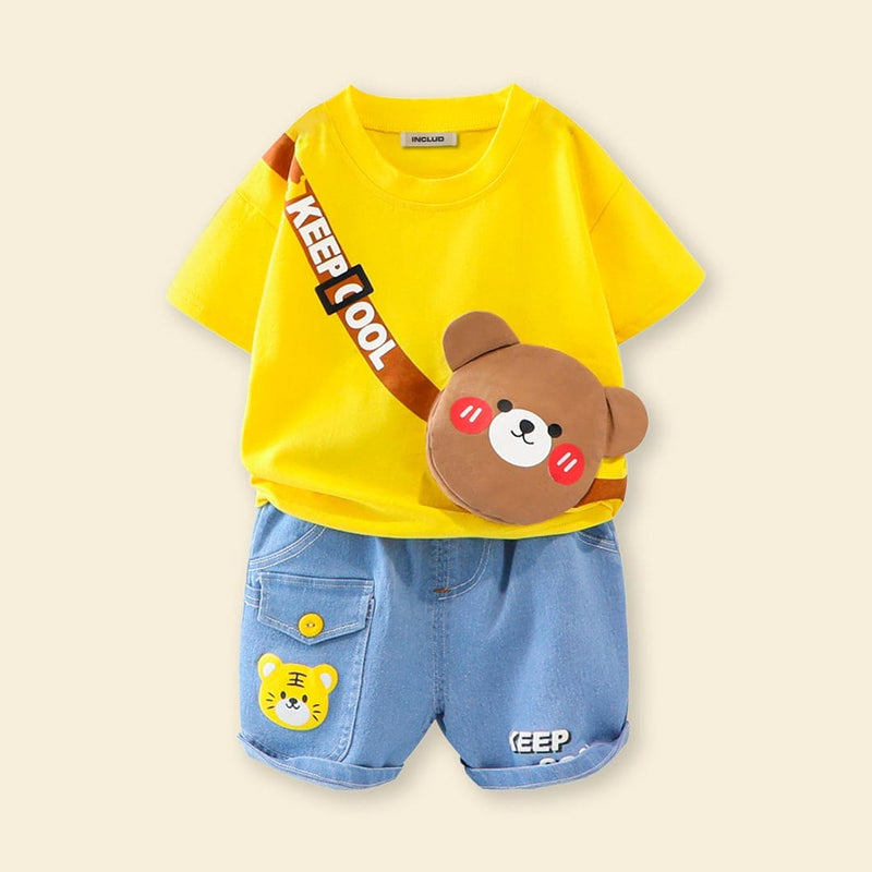 Boys Yellow 3D Patch Applique T-shirt & Denim Shorts Set Sets   