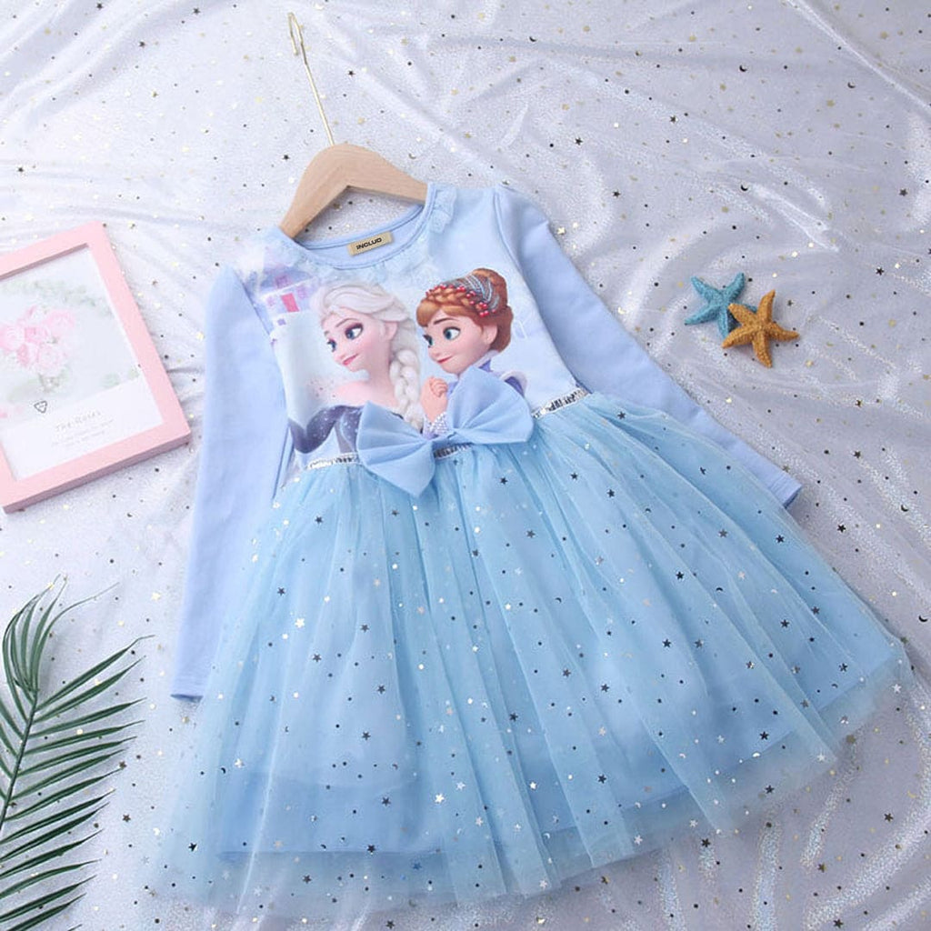 Girls Long Sleeve Frozen Princess Printed Dress