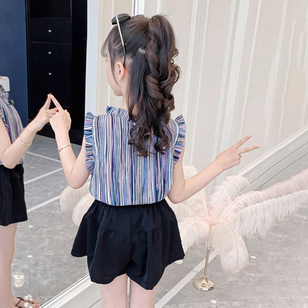 Girls Blue Striped Top with Shorts Set Sets   